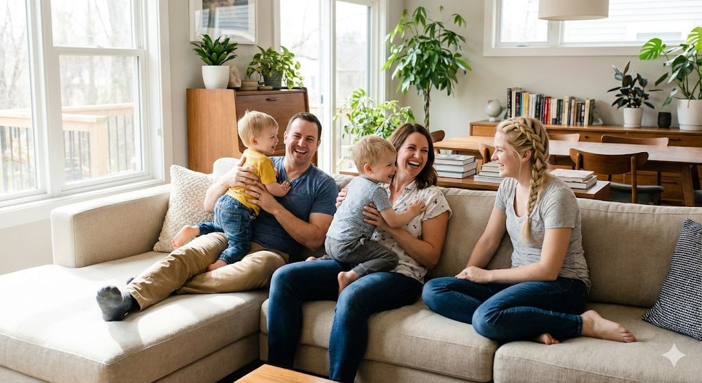 Happy host family with au pair enjoying time together